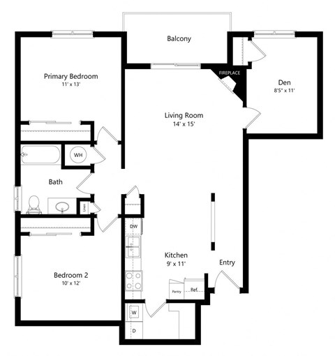 Floor plan for 2 beds, 1 bath, 996 sqft